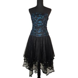 Y2k Whimsygoth Glam Drop Waist Black and Blue Strapless Dress !